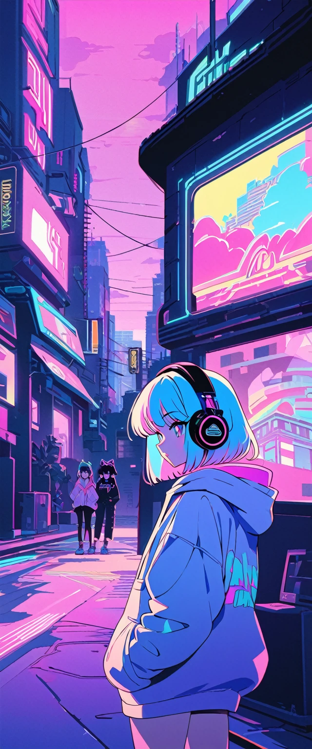 (masterpiece), (Best illustrations),Teenage Girl, Cat ear, Winds of the 90s,Retro、2D Animation, Cel painting, pastel colour, cyber punk、City of night, Neon Town, hoodie, headphone、The color inside is pink,Emo,Night view, Mellow, Lo-fi hip hop,  (Highest quality), (Vaporwave Style), (Very detailed), (Best illustrations), (Best Shadow),Perfect lighting, Bright colors,Fashionable