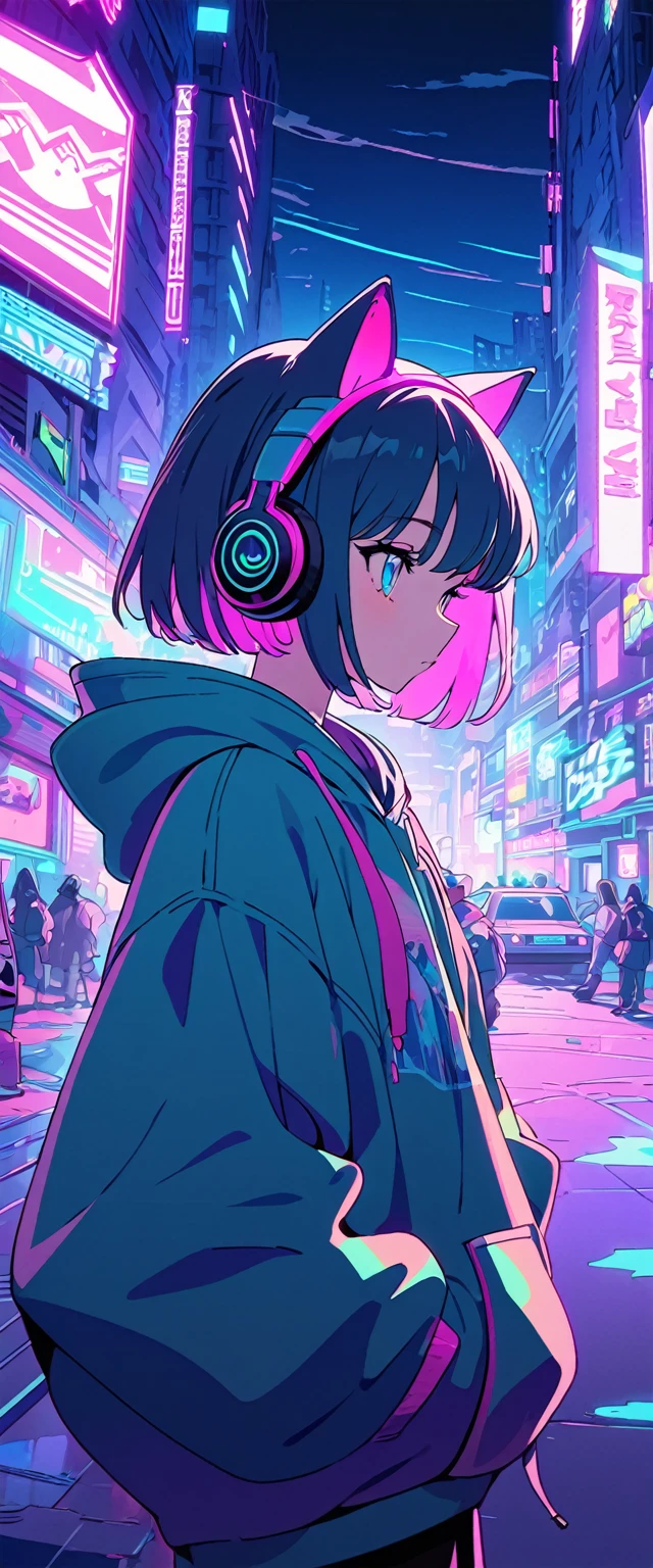 (masterpiece), (Best illustrations),Teenage Girl, Cat ear, Winds of the 90s,Retro、2D Animation, Cel painting, pastel colour, cyber punk、City of night, Neon Town, hoodie, headphone、The color inside is pink,Emo,Night view, Mellow, Lo-fi hip hop, (Highest quality), (Vaporwave Style), (Very detailed), (Best illustrations), (Best Shadow),Perfect lighting, Bright colors,Fashionable