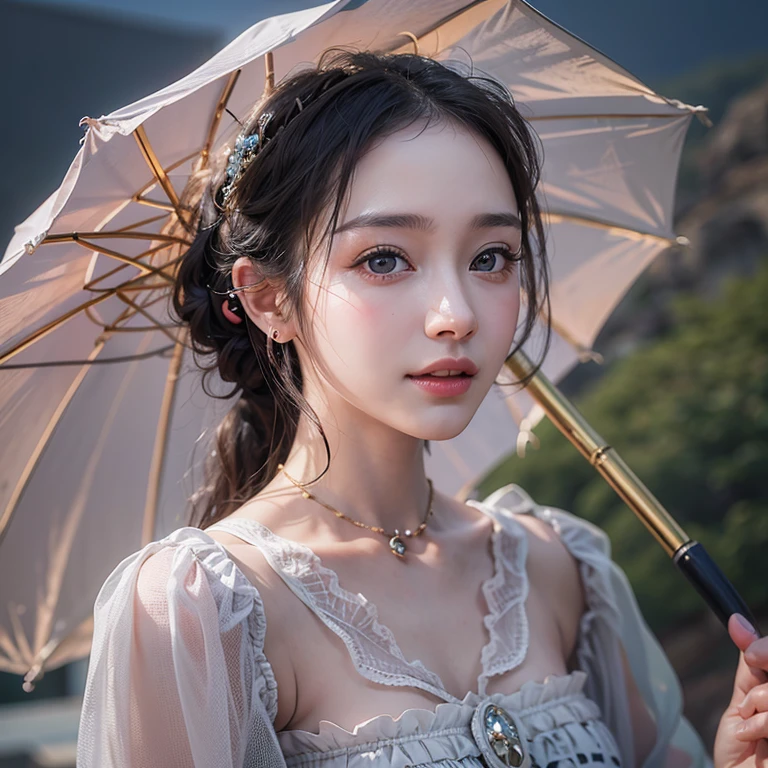 A woman holding a parasol stands on top of a hill、Gothic Dress、青空と雲1 girl, Highest quality, masterpiece, Ultra-high resolution, (Realistic:1.4), RAW Photos, 1 girl, Cinema Lighting,((Highest quality、masterpiece、8k、Best image quality、Ultra-high resolution、Award-winning works)、(Accurate anatomy:1.1)、Highly detailed face、Attention to detail、double eyelid、Sharp focus:1.2、Beautiful woman:1.4、Highest quality、masterpiece、Ultra-high resolution、(Realistic:1.4)、Highly detailed and professionally lit smiles、Serious expression、Two Arms, Complete Hそして, Beautiful body, Beautiful fingers, Normal finger, Five Fingers, Five Fingers, (Thumb Index Finger Ring Finger), Beautiful ears、 Normal ear, Beautiful Eyes, Shining Eyes, Beautiful mouth, Beautiful Lips,