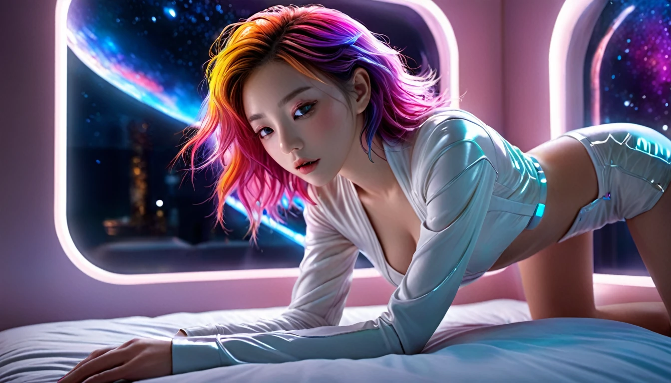 (Highest quality,8k,Very detailed:1.2),(CG,CG Art,3D Rendering),(masterpiece:1.2),(Crawling on the table),(Sexy Outfits),(Cinema Lighting,Futuristic),(Woman lying in bed,Sleep,close your eyes),(The big window behind her,quiet night),(Colorful Hair:1.5)