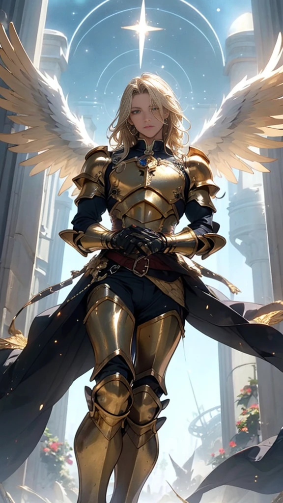 (((mtu))), (((best qualityer))), (((tmasterpiece))), (((AS-Adult))), Look up from your knees,  male catholic holy angel，giant shiny intricate wings, perfect body figure, celestial armor, shiny gloves on his hands，The left arm is armored gold，Made of silver and golden  protective devices, The eyes are pulled, (( Appears below the chest )),，For high-resolution posters, hair straight, prudish clothes , (((fully celestial armored))) Full of golden  tips and rivets, fire blond flowy hair 