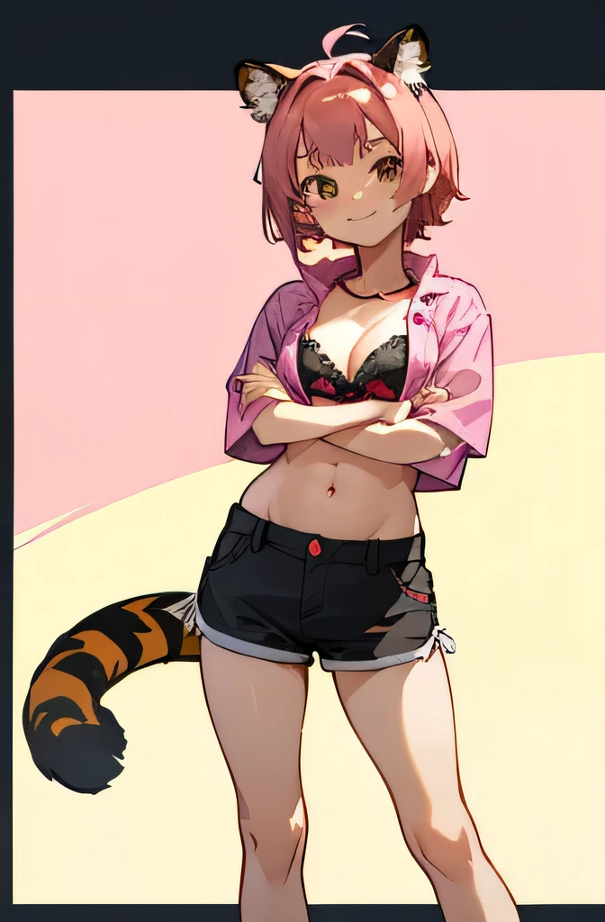 1 cute girl with tiger ears and tail、Kyoto Animation Style、Feet sticking out of the frame、Girl front view、Cross your arms、Elegant figure、woman、20-year-old、Very short hair、Short hairstyle、Pink Hair、A smiling smug face、Cleavage、Belly button、Groin、Tiger print aloha shirt、Black shorts