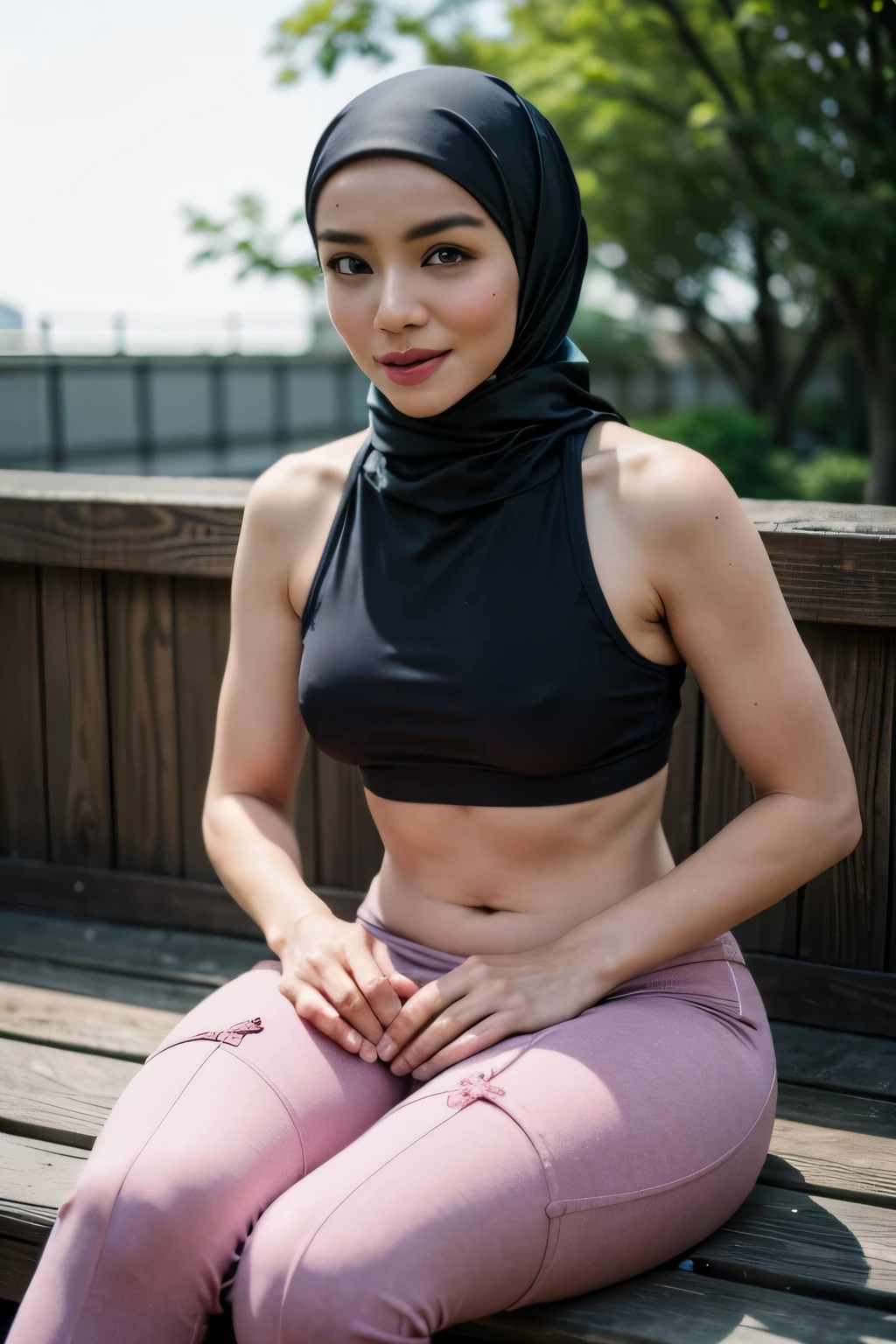 a malay woman wearing hijab with perfect detailed face, wearing gym clothes, leggings and pink urban sneakers, full body shot, (best quality,4k,8k,highres,masterpiece:1.2),ultra-detailed,(realistic,photorealistic,photo-realistic:1.37),hyperrealistic,HDR,UHD,studio lighting,ultra-fine painting,sharp focus,physically-based rendering,extreme detail description,professional,vivid colors,bokeh,portrait,fashion,fitness,athleisure