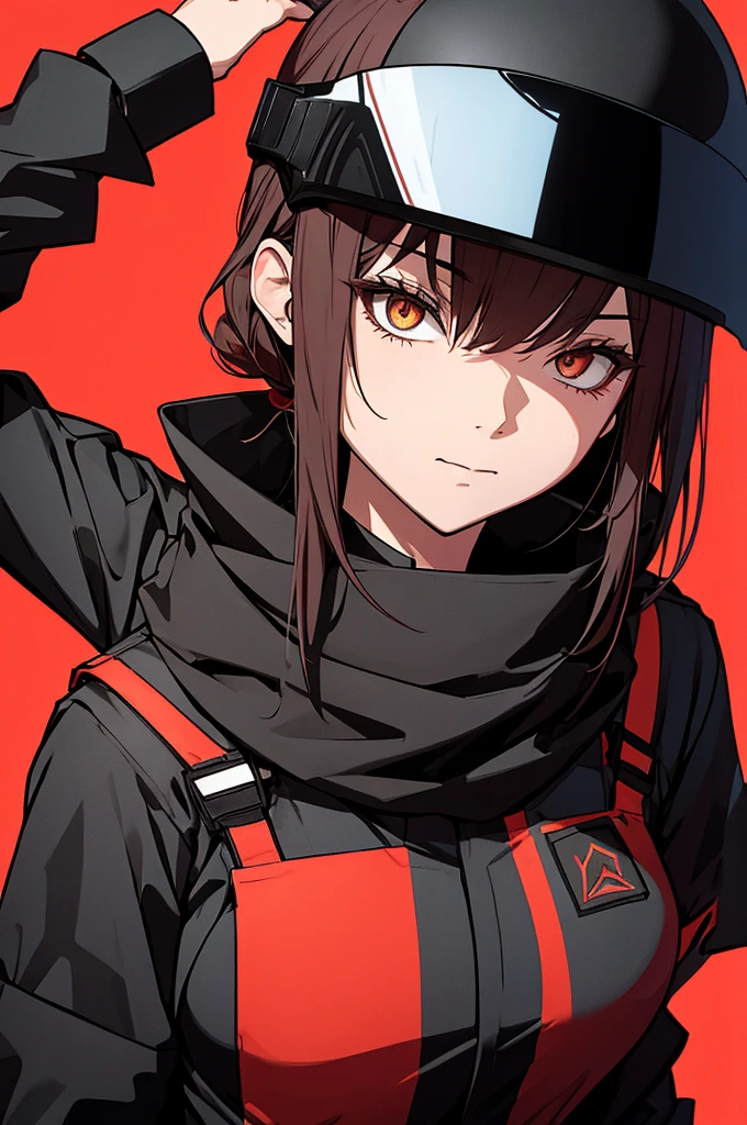female, color black-swat uniform with red background and swat helmet, alone, black scarf on mouth
