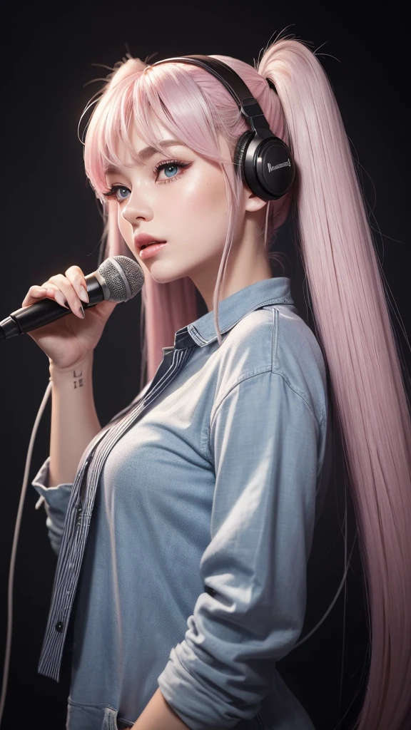 (A photo of a beautiful girl in fashionable casual clothes singing into a microphone with headphones on in a recording studio was posted on social media.) (The beautiful girl is 17 years old, 18% Japanese, 26% French, and 56% Ukrainian, 178 cm tall, small bust but good style, with a beautiful, well-balanced figure.) (Her hair is pink ash gray and super long, tied in twin tails with black ribbons and curled in a spiral toward the end.) (Her eyebrows are the same color as her hair, thin, slightly thick and short, and her eyelashes are long.) (Her large blue eyes reflect the light of the lighting and are amazingly beautiful like pearls.) (Her nose is high like an English person, her lips are plump and shaped so that you want to kiss them, her skin is translucent white, and the balance between her head and face is in line with traditional Japanese aesthetics.) Her hands must have five fingers. Moreover, even her nails are very delicately depicted. (Single, Masterpiece, Ultra Detailed, Highest Quality, Artistic Composition, Ultra Precision, Realistic, Photorealistic, High Resolution, Dynamic Lighting Effects, Golden Ratio, Surreal). Try your best to meet all these criteria.