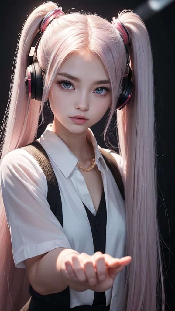(A photo of a beautiful girl in fashionable casual clothes singing into a microphone with headphones on in a recording studio was posted on social media.) (The beautiful girl is 17 years old, 18% Japanese, 26% French, and 56% Ukrainian, 178 cm tall, small bust but good style, with a beautiful, well-balanced figure.) (Her hair is pink ash gray and super long, tied in twin tails with black ribbons and curled in a spiral toward the end.) (Her eyebrows are the same color as her hair, thin, slightly thick and short, and her eyelashes are long.) (Her large blue eyes reflect the light of the lighting and are amazingly beautiful like pearls.) (Her nose is high like an English person, her lips are plump and shaped so that you want to kiss them, her skin is translucent white, and the balance between her head and face is in line with traditional Japanese aesthetics.) Her hands must have five fingers. Moreover, even her nails are very delicately depicted. (Single, Masterpiece, Ultra Detailed, Highest Quality, Artistic Composition, Ultra Precision, Realistic, Photorealistic, High Resolution, Dynamic Lighting Effects, Golden Ratio, Surreal). Try your best to meet all these criteria.