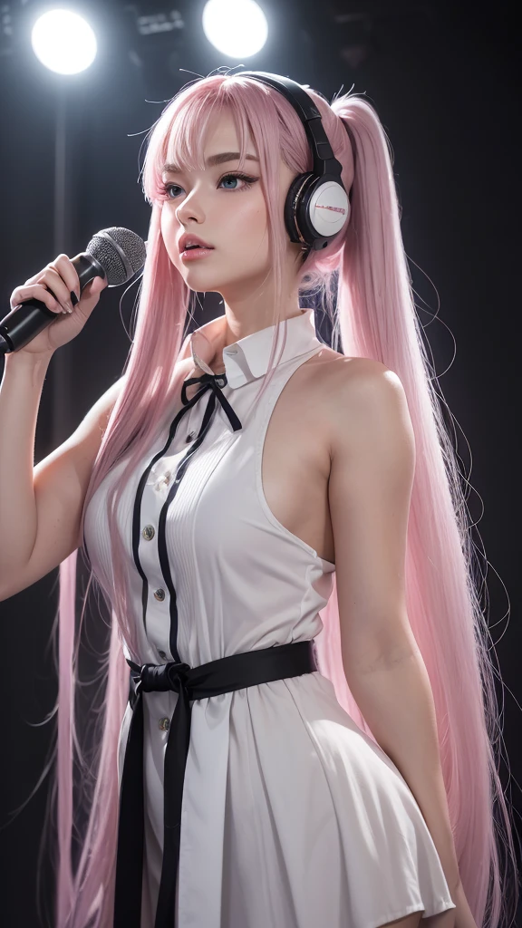 (A photo of a beautiful girl in fashionable casual clothes singing into a microphone with headphones on in a recording studio was posted on social media.) (The beautiful girl is 17 years old, 18% Japanese, 26% French, and 56% Ukrainian, 178 cm tall, small bust but good style, with a beautiful, well-balanced figure.) (Her hair is pink ash gray and super long, tied in twin tails with black ribbons and curled in a spiral toward the end.) (Her eyebrows are the same color as her hair, thin, slightly thick and short, and her eyelashes are long.) (Her large blue eyes reflect the light of the lighting and are amazingly beautiful like pearls.) (Her nose is high like an English person, her lips are plump and shaped so that you want to kiss them, her skin is translucent white, and the balance between her head and face is in line with traditional Japanese aesthetics.) Her hands must have five fingers. Moreover, even her nails are very delicately depicted. (Single, Masterpiece, Ultra Detailed, Highest Quality, Artistic Composition, Ultra Precision, Realistic, Photorealistic, High Resolution, Dynamic Lighting Effects, Golden Ratio, Surreal). Try your best to meet all these criteria.