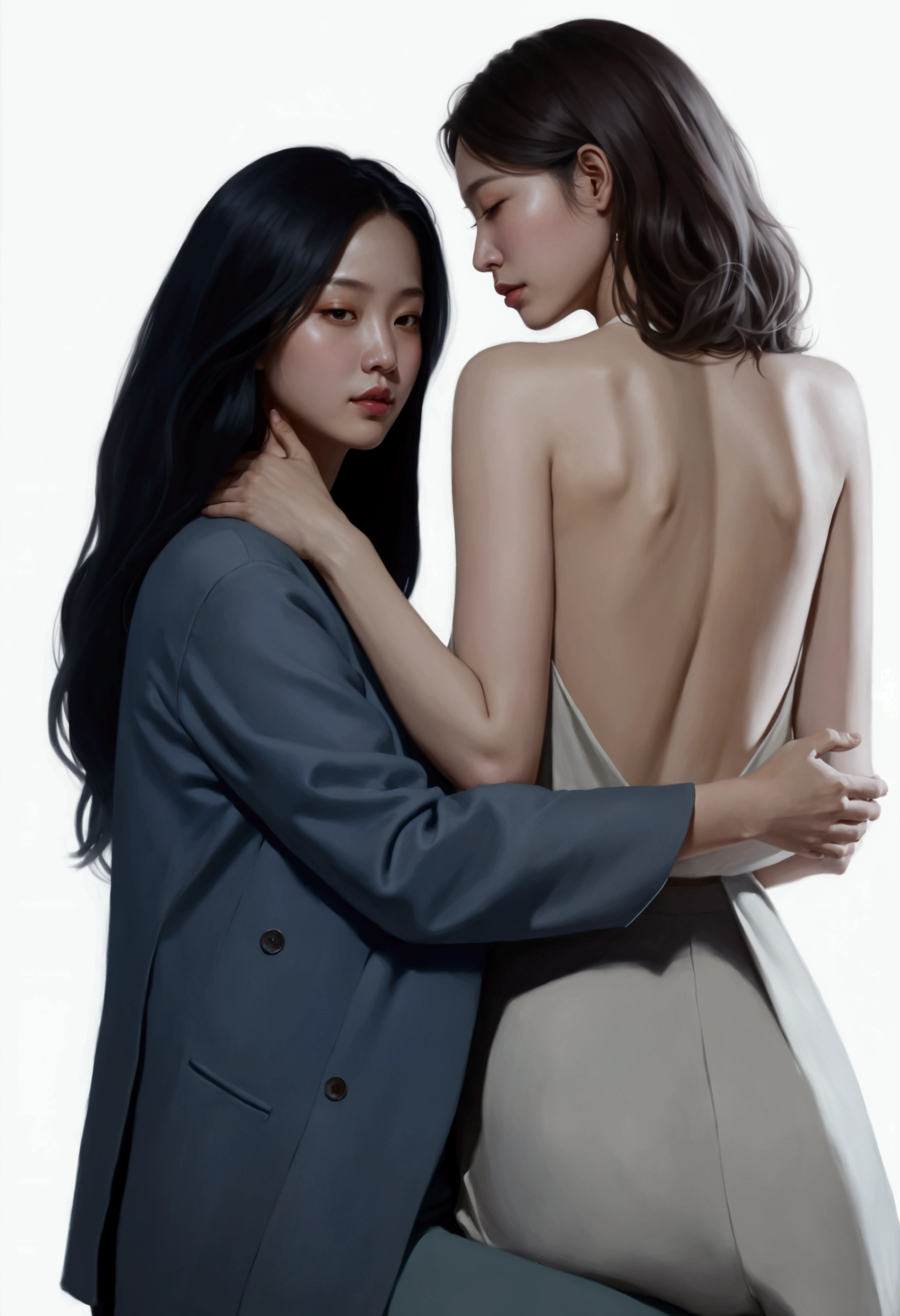 painting of two women hugging each other in a pose, Lesbian Art, โดย Jeong Seon, In the art form of the pond, two women, Spectacular painting, A woman holds another woman., By Li Song, two women, Lesbian embrace, Inspiration from Kim Deuksin, By Nil Gleyen, Style in digital painting, By Yang J