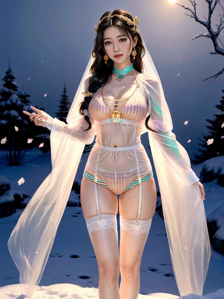 A female model, (Race:Chinese),((night),(Snowy mountain hot spring, moonlight)), (8K Ultra HD, 8K, Ultra-high resolution, best quality, masterpiece, Surrealism, Digital SLR Camera, Soft Light, Bokeh), ((((Beautiful model-like face))), (Creating the image of a real girl), warm light, Realistic shadows, Dynamic poses, Elegant Posture, Cowboy lens, Full body front view, Be confident, Body facing the camera, Standing facing the camera, Open your legs slightly, Golden Ratio Graphics, Minimalism), (Happy smile, Big watery eyes, Cherry Blossom, Balanced Eyes, Perfect beautiful face, Normal facial features, Realistic skin, Attention to skin details, Sports body, cosmetic, earrings, bracelet, necklace, Jewelry, veil, Hair accessories, Headdress), ((beautiful hair), black hair, Wavy curly hairstyle, Waist-length hair, Messy Hairstyle, Gradient hairstyles, Cyberpunk hairstyle), ((Transparent clothes：1.5), (The color of the clothes: Peach), Transparent Clothes, See-through clothes, Transparent Clothes, Tulle clothes, Mesh clothes, Transparent shirt, No pants, No skirt, Three-point underwear), (Sexy的, Perfect breast shape, Teardrop chest shape, Snow-white breasts, very detailed breasts, 34E cup), (Super high waist, Deep V, Low-cut, Sexy, Flattering, , (Camel toe, High fork strangulation)), (sock, Knee socks, 吊garter, Leg ring, garter, 腿部garter), (pattern:stripe)