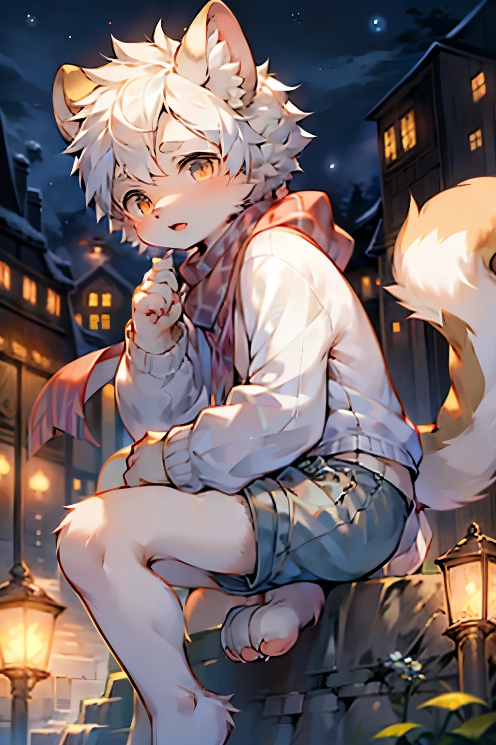 Ferret Boy,Furry boys,Baby characteristics,White clothes,scarf,shorts,Nordic town background