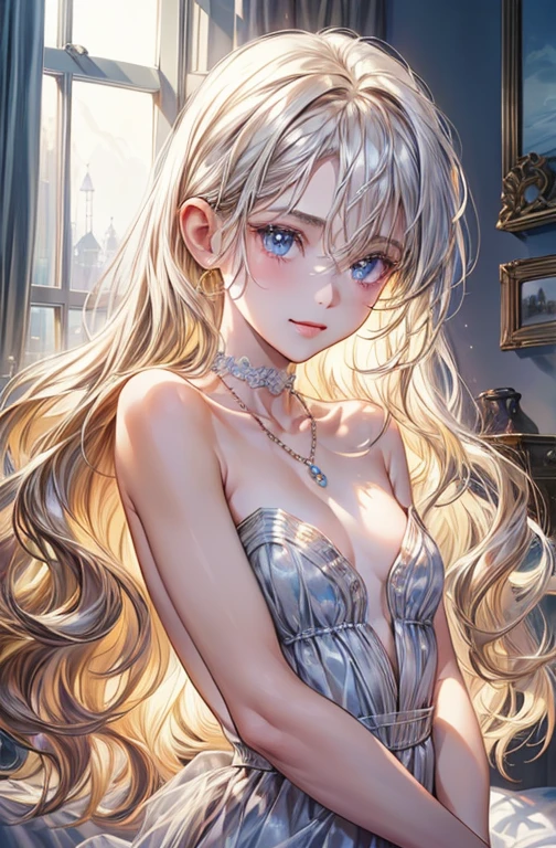 (Browsing Caution), (masterpiece, Highest quality), ((Completely naked: 1.3)), (((very cute 8 year old girl: 1.3))), (Tropical slum bedroom, on a dirty mattress), (Long pointed ears), alone, Perfect body, (Anatomically correct, Toned and slim body, Small breasts), Very detailed, (Perfectly symmetrical and beautiful face), Beautiful blue eye detailed, double eyelid, Thin eyebrows, Natural Cheeks, (Sweaty, Wet Skin), ((Elegant long wavy platinum blonde hair)), (Bright smile), bracelet, necklace, choker, (View of the floating slums from the window), intricate detail realism hdr, Photorealism, Hyperrealism, Ultra-realistic, Nice views, Written boundary depth,Long-haired woman、bust、White skin、Symmetry between left and right eyes、Delicate eyes、Glowing purple eyes、Golden Hair Accessories、Spotlight、High Contrast、Impressive Shadows、Detailed Shadows、Perfect Finish、masterpiece、Highest quality、Best image quality