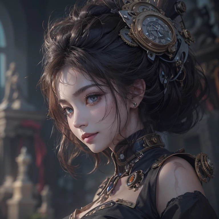Standing in the grave、Hair Flow、 ((Highest quality、masterpiece、8k、Best image quality、Ultra-high resolution、Award-winning works)、(Accurate anatomy:1.1)、(Look at me and smile:1.1)、Shining fair skin with Ultra-high resolution、The most detailed face、Ultra-high resolution detailed face、Ultra-high resolutionの髪の毛、(Ultra-high resolution eye:1.1)、Beautiful face drawn in every detail、Steampunk costumes, Chest to chest, Strange atmosphere, Ghosts flow, Dark Light, At the cemetery, Heavy makeup