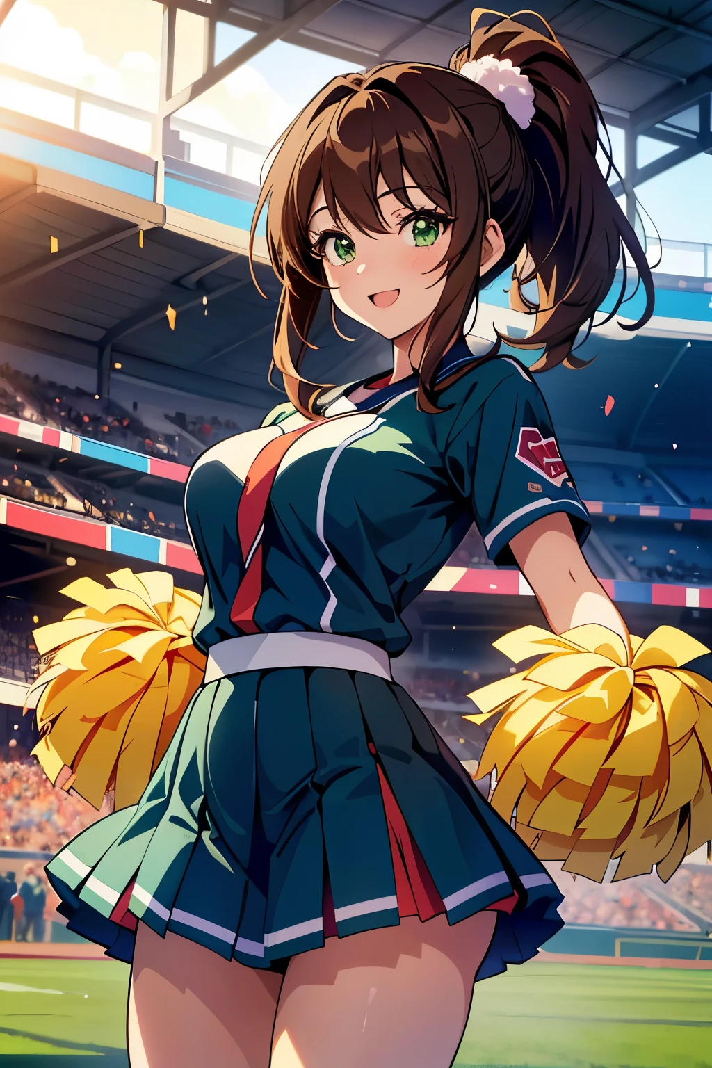 ((masterpiece, Highest quality, High resolution, 超High resolution, Pixel perfect, Written boundary depth, 4K, RTTX 10.0, High resolution))), 1 girl, single, alone, Beautiful Anime Girls, Beautiful art style, Anime characters, ((Shortcuts, bangs, Dark brown hair)), ((Green Eyes:1.4, Round eyes, Beautiful eyelashes, current eyes)), ((Smooth texture:0.75, Anime CG style)), Medium chest, ((Dynamic Angle, close)), Perfect body, (pretty girl), 1girl, solo, Baseball stadium setting with a lively atmosphere. A single cheerleader in a vibrant, colorful uniform stands near the stands, cheering energetically. She holds pom-poms and is mid-dance, with a big smile on her face. The background shows excited fans in the stands, some waving flags and wearing team colors. The field and some players warming up can be seen in the distance. The scene is sunny and bright, capturing the lively energy of a game day.