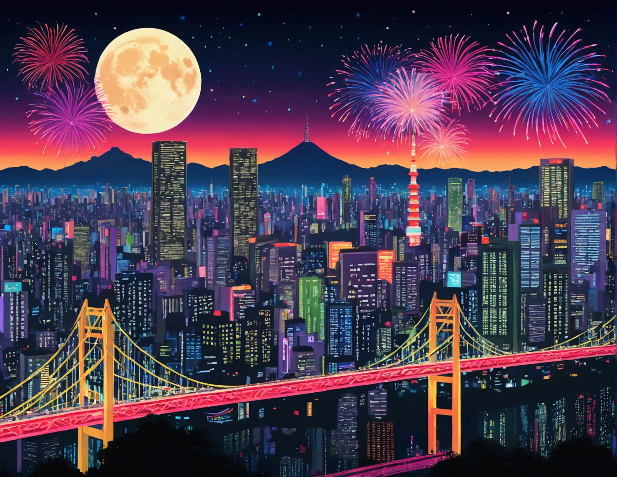 Fireworks in the sky、Bright cityscape with a full moon shining, Digital Art inspired by Hiroshi Nagai, Shutterstock Contest Winner, Digital Art, colorful city, Tokyo Background, Urban Background, Neon City in the background, Tokyo Mural, neo Tokyo Background, Vibrant city lights, Neon City, Neon megacity in the background, neon tokyo, Japanese city at night