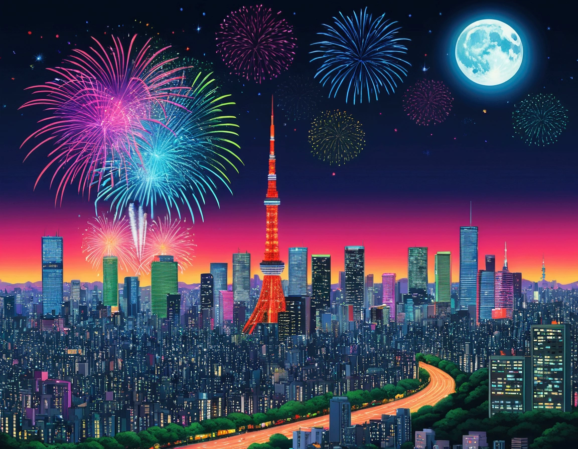Fireworks in the sky、Bright cityscape with a full moon shining, Digital Art inspired by Hiroshi Nagai, Shutterstock Contest Winner, Digital Art, colorful city, Tokyo Background, Urban Background, Neon City in the background, Tokyo Mural, neo Tokyo Background, Vibrant city lights, Neon City, Neon megacity in the background, neon tokyo, Japanese city at night