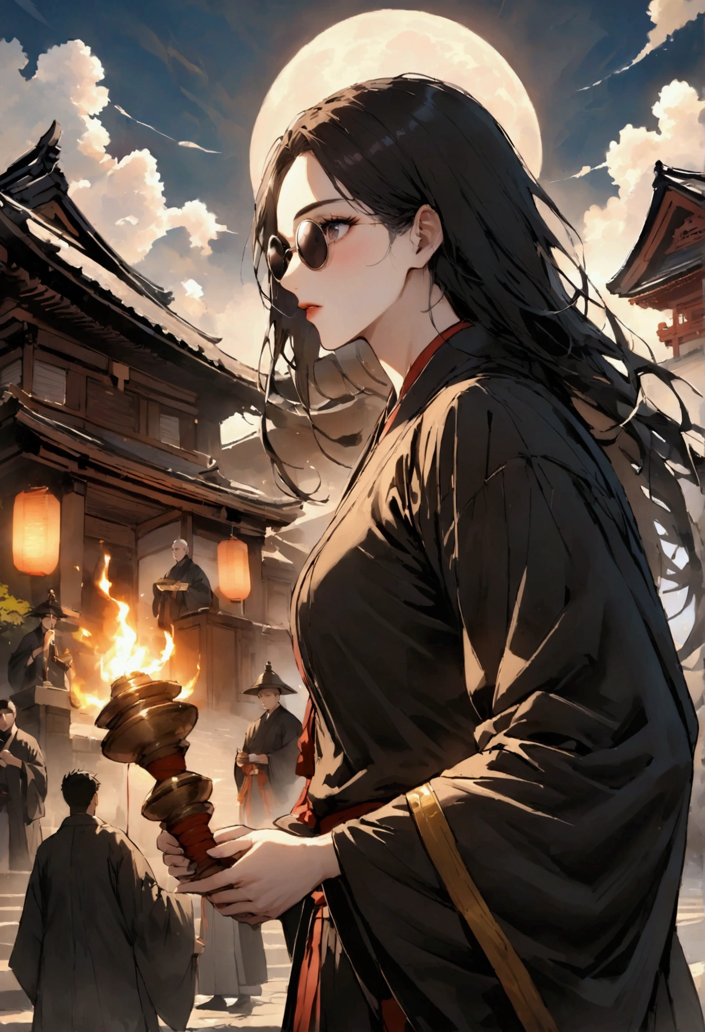 Japanese monk、Small、Round sunglasses、Equip yourself with ritual items、Hero of Justice、One Punch Man、Black Costume、Robes、Exorcist、exorcist、Japanese Temples、strongest