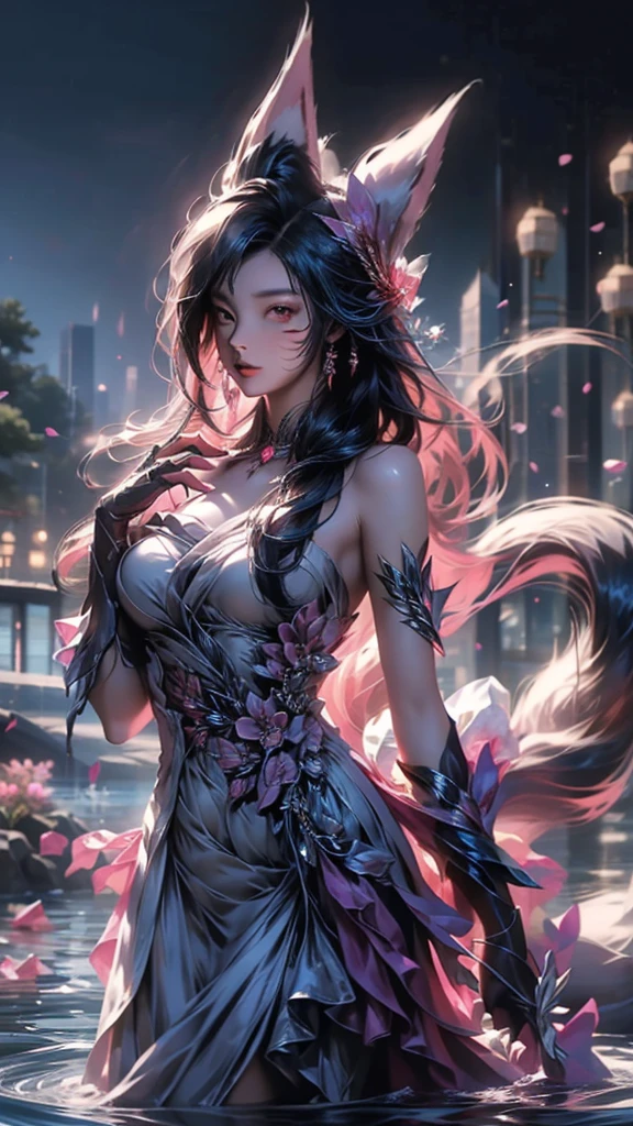 best quality, masterpiece, Ultra-high resolution, (Real photos: 1.4), night,Flowers on the other side (background), 20 years old, Bana goddess (Japanese Girls), Long hair with a shawl, Cold eyes, Sexy body, Big breasts, Wearing the Biantan flower strapless dress, Walking among the flowers on the other side,Small river