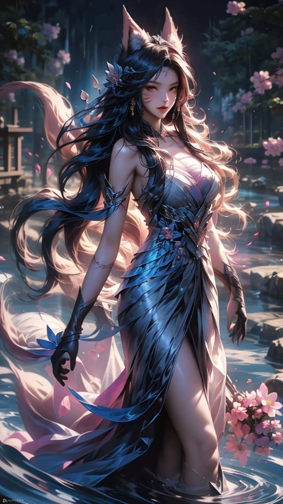 best quality, masterpiece, Ultra-high resolution, (Real photos: 1.4), night,Flowers on the other side (background), 20 years old, Bana goddess (Japanese Girls), Long hair with a shawl, Cold eyes, Sexy body, Big breasts, Wearing the Biantan flower strapless dress, Walking among the flowers on the other side,Small river