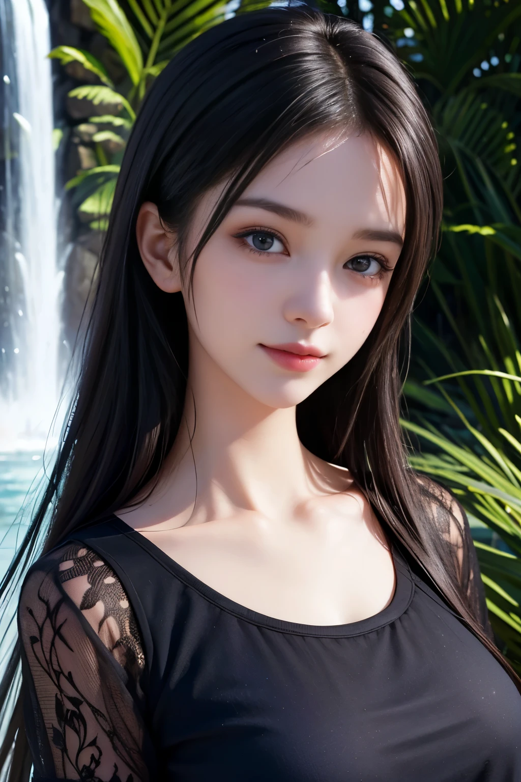 (ultra realistic) , (illustration), (increase resolution), (8K), (extremely detailed), (best illustration), (beautiful detailed eyes), (best quality), (ultra-detailed), (masterpiece), (wallpaper), (detailed face), 1 girl, black straight hair, slender body, delicate details, in the dark, deep shadow, low key, pureerosfaceace_v1, happy smile, summer dress, waterfall, rainforest