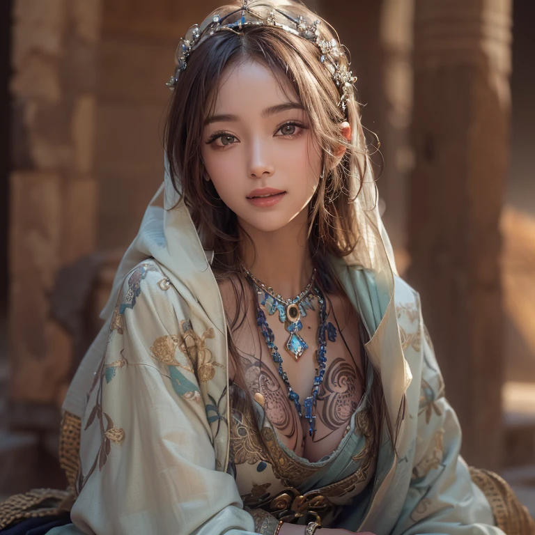Hiding in the desert、Hair Flow、 ((Highest quality、masterpiece、8k、Best image quality、Ultra-high resolution、Award-winning works)、(Accurate anatomy:1.1)、(Look at me and smile:1.1)、Shining fair skin with Ultra-high resolution、The most detailed face、Ultra-high resolution detailed face、Ultra-high resolutionの髪の毛、(Ultra-high resolutionの煌めく瞳:1.1)、Beautiful face drawn in every detail、(Blurred Background:1.1)、Ancient Islamic clothing, Chest to chest, tattoo, Old ruins in the background、