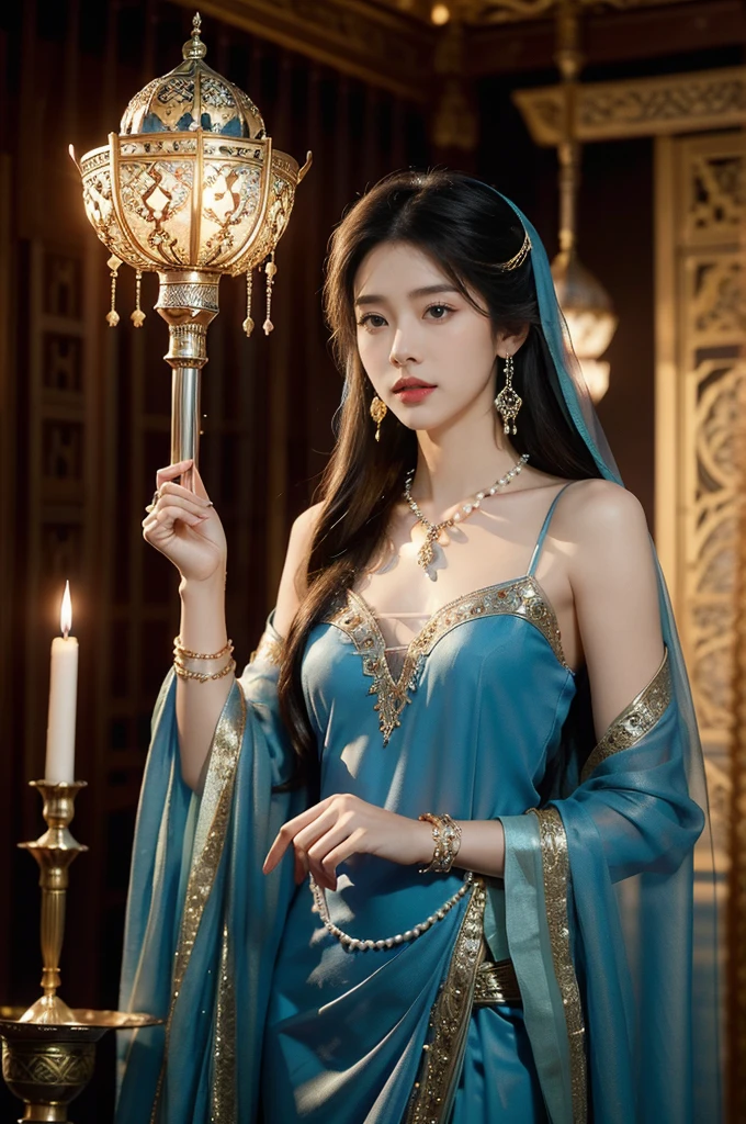 (((best quality))),(((ultra detailed))),(((masterpiece))),illustration,((1girl,Arabian dancer,solo)),((slim,thin)),((small breasts,flat chest)),((earrings,necklace)),((pearls,jewels,gemstones)),(night scene:1.3),(standing:1.3),(in luxurious palace:1.3),(indoor:1.3),(gorgeous embroidered Arabian sheer gown:1.3), intricate patterns,((Arabian theme,Middle Eastern culture)),(shoulder length straight hair:1.2),(sheer veil on face:1.3),mystery, ornate furnishings, decorations, enchantment, magic, Persian magic carpet,night sky, floating,(Aladdin's lamp:1.3), blue flame, fulfillment of desires,Open Sesame,door to the heart, candlelight, illumination, longing, romance, timeless love story, One Thousand and One Nights, coherent narrative, dreamlike atmosphere, deep emotions, graceful movements, passion, face beneath the veil, beloved's dream, timeless beauty, enchantment, tribute, magical world, wondrous journey,((from front,upper body))
