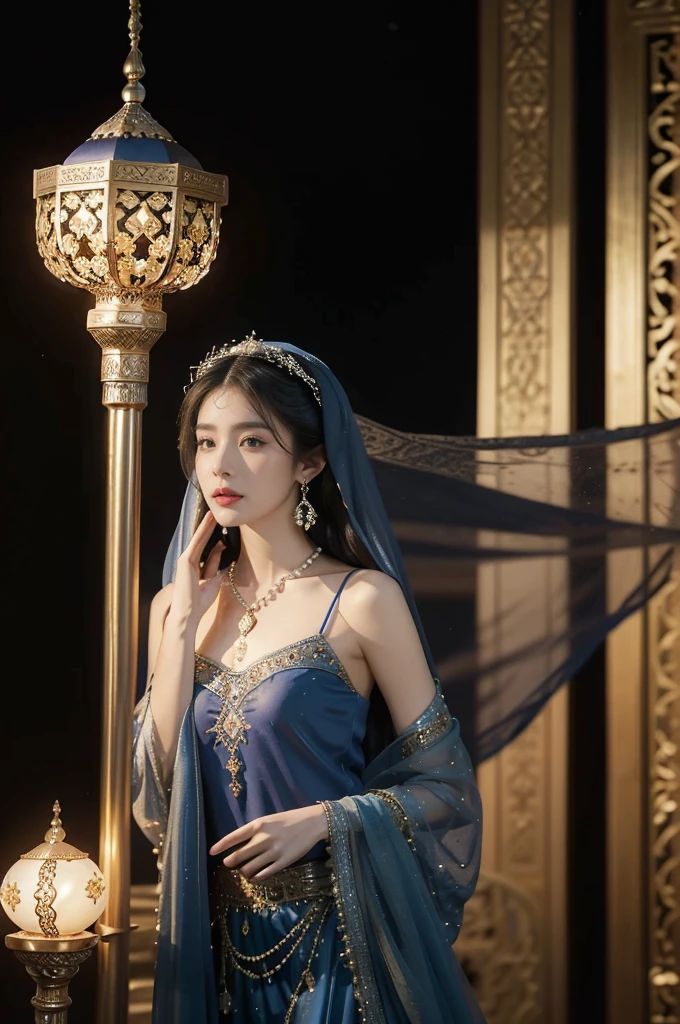 (((best quality))),(((ultra detailed))),(((masterpiece))),illustration,((1girl,Arabian dancer,solo)),((slim,thin)),((small breasts,flat chest)),((earrings,necklace)),((pearls,jewels,gemstones)),(night scene:1.3),(standing:1.3),(in luxurious palace:1.3),(indoor:1.3),(gorgeous embroidered Arabian sheer gown:1.3), intricate patterns,((Arabian theme,Middle Eastern culture)),(shoulder length straight hair:1.2),(sheer veil on face:1.3),mystery, ornate furnishings, decorations, enchantment, magic, Persian magic carpet,night sky, floating,(Aladdin's lamp:1.3), blue flame, fulfillment of desires,Open Sesame,door to the heart, candlelight, illumination, longing, romance, timeless love story, One Thousand and One Nights, coherent narrative, dreamlike atmosphere, deep emotions, graceful movements, passion, face beneath the veil, beloved's dream, timeless beauty, enchantment, tribute, magical world, wondrous journey,((from front,upper body))