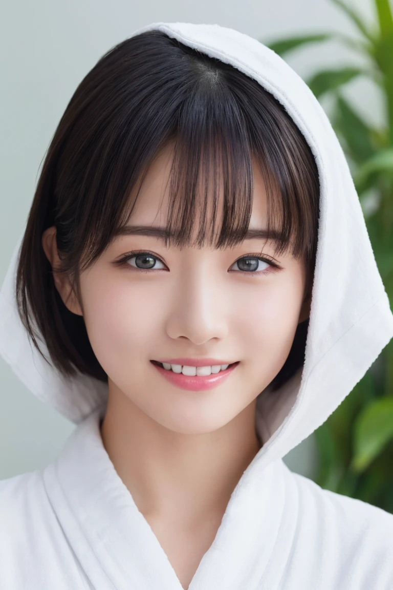 masterpiece, Highest quality, One Woman, (White bathrobe:1.2), Age 25、(RAW Photos, Highest quality), (reality, Realistic:1.4), Clean look、Iris、very detailed eyes and face, Beautiful and detailed nose, beautiful eyes, Perfect Anatomy, Black short hair、Wet Hair、bangs、Crystal skin, A happy smile、Face Focus、indoor、