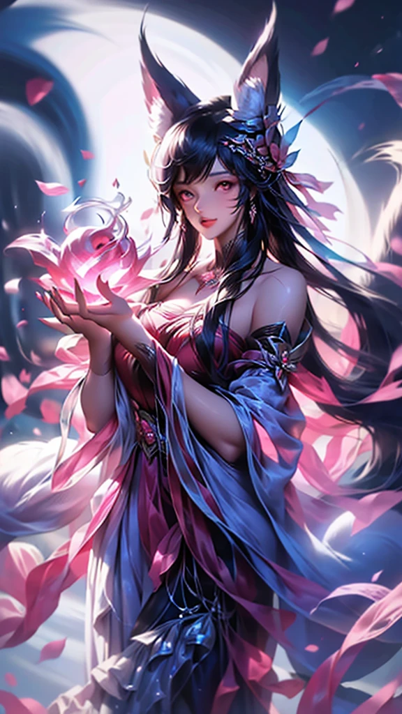 best quality, masterpiece, Ultra-high resolution, (Real photos: 1.4), night,Flowers on the other side (background), 20 years old, Bana goddess (Japanese Girls), Long hair with a shawl, Cold eyes, Sexy body, Big breasts, Wearing the Biantan flower strapless dress, Walking among the flowers on the other side,Small river