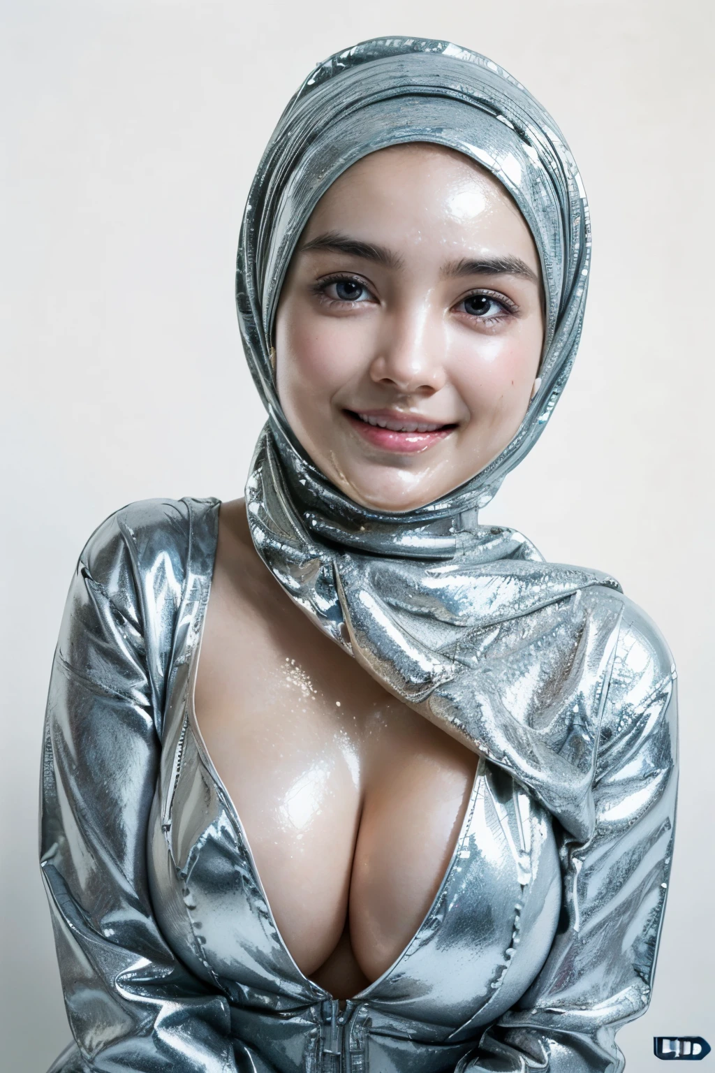 Naked, (((VERY SHINY SKIN))), Very cute like a baby face, ((Stylish Hijab)), adorable, 1 girl, 10 years old, baby face, shy, half body portrait,smile,  (face details: 1), (eye details: 1), ((round large breasts, cleavage)). Cute posed. proportional body. Ultra High Res. (realistic: 1.8), UHD, ((SHINY SKIN :1.6))