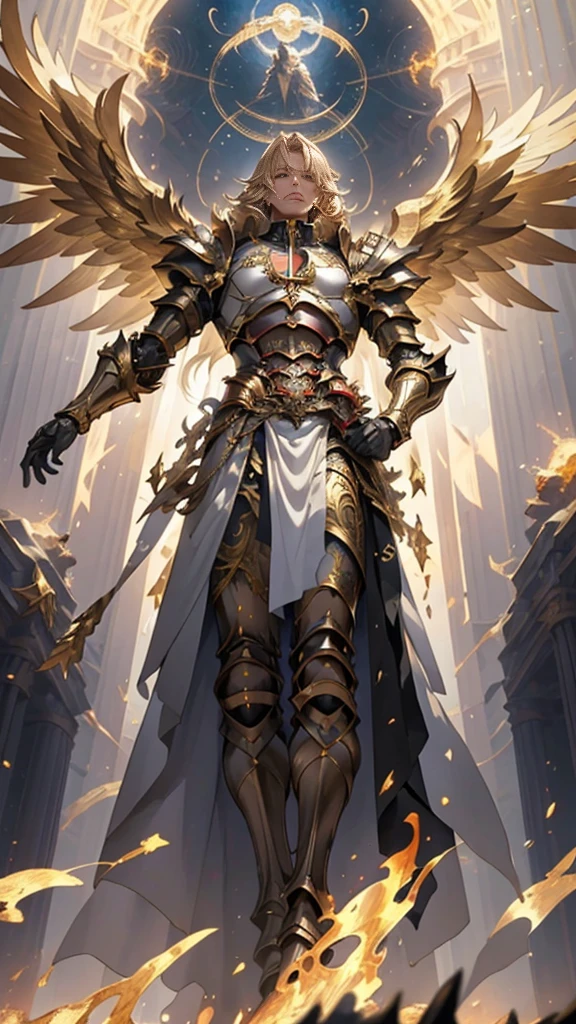 (((mtu))), (((best qualityer))), (((tmasterpiece))), (((European -Adult))), Look up from your knees, male catholic holy angel,giant shiny intricate colossal wings, perfect body figure, celestial armor, shiny gloves on his hands,The left arm is armored gold,Made of silver and golden protective devices, The eyes are pulled, (( Appears below the chest )),,For high-resolution posters, hair straight, prudish clothes , (((fully celestial armored))) Full of golden tips and rivets, fire blond flowy hair