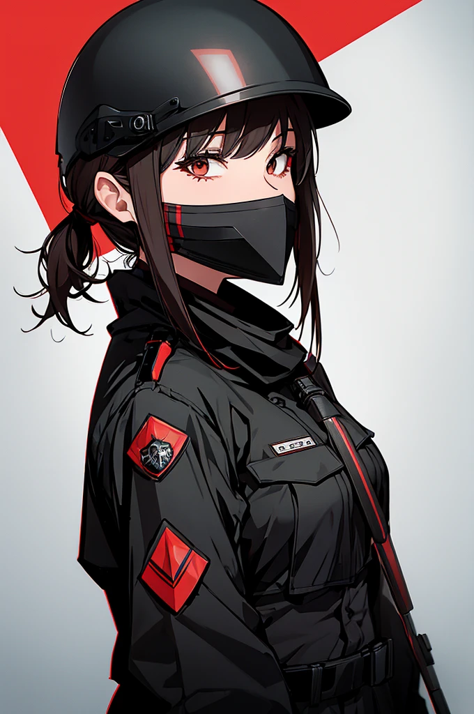 female, color black-swat uniform with red background and swat helmet, alone, black scarf on mouth