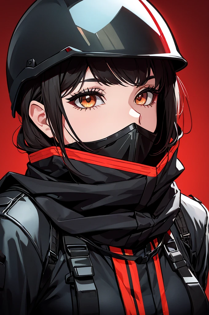 female, color black-swat uniform with red background and swat helmet, alone, black scarf on mouth