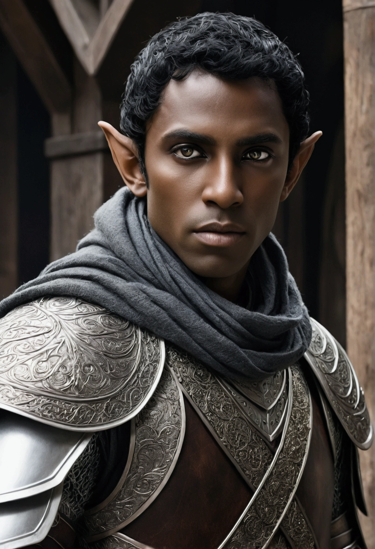 Low elf with dark skin, with silver eyes, black hair, the face is unremarkable and covered with a scarf, dressed in light leather armor.