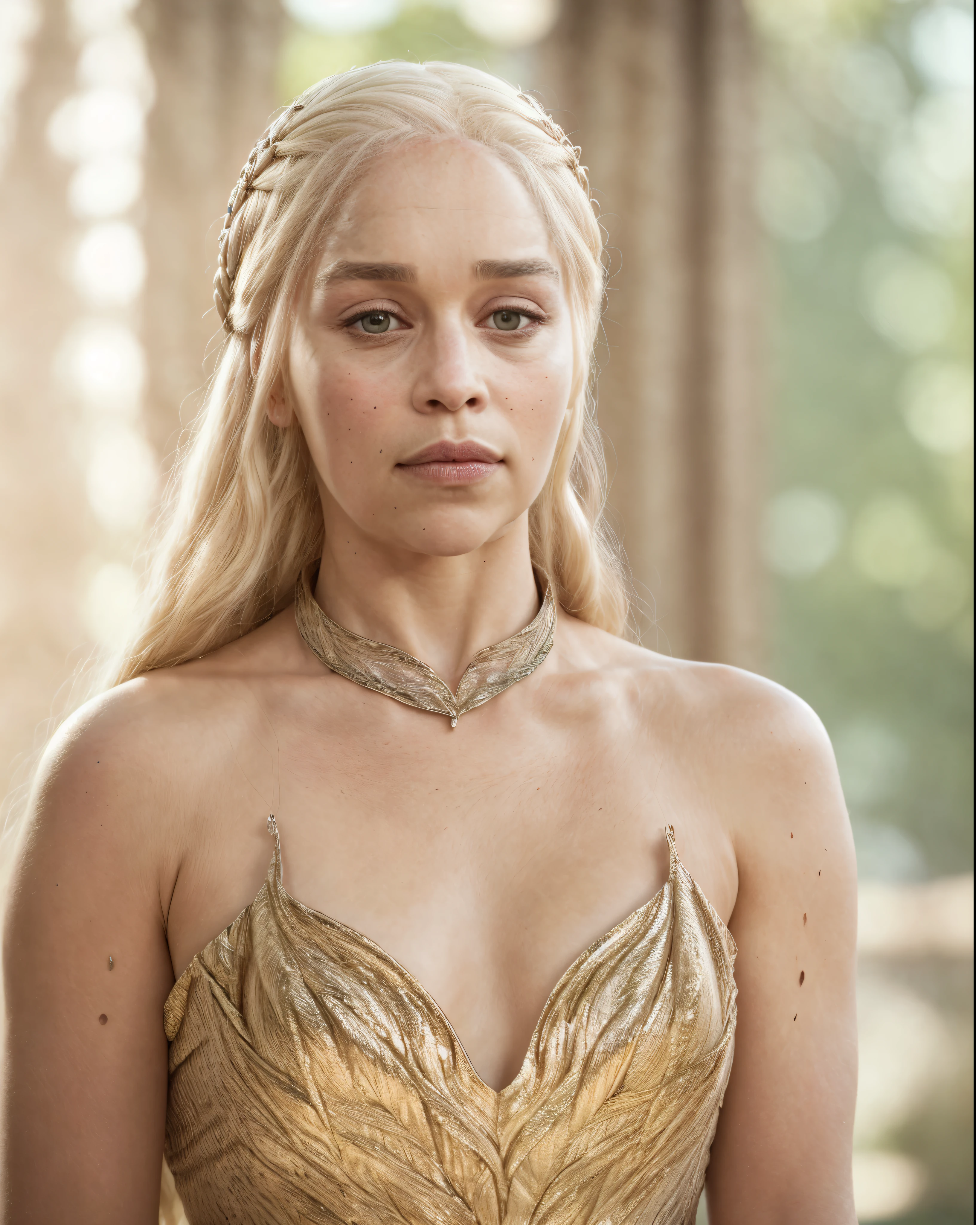 masterpiece, Ever gorgeous Daenerys Targaryen, surreal , ethereal beauty, mother of the dragons, queen Daenerys Targaryen, stunning beauty, ravishing beauty, enchantress, stunning portrait photo of khls woman, front facing towards the camera, wearing Erotic mediaeval costumes, War Costumes , sharp focus, natural lighting, subsurface scattering, f2, 35mm, film grain, Regal Beauty, Regent Queen, silk satin, linen clothes, beautiful ruler queen, sexiest majestic queen dress, Sharp focus texture and color. Cinematic lighting to capture authentic skin shine and depth. Sensual dress, likelike textures, aesthetics, anatomically accurate, golden hour glow, Game of thrones inspired background, highly detailed skin texture, beautymarks, mole on the breast, skin pores, rough skin, perfectly styled blonde hair, sequin velvet apparel, vibrant rich colours, saturated colours, dark moody tones, fantasy movie caps,