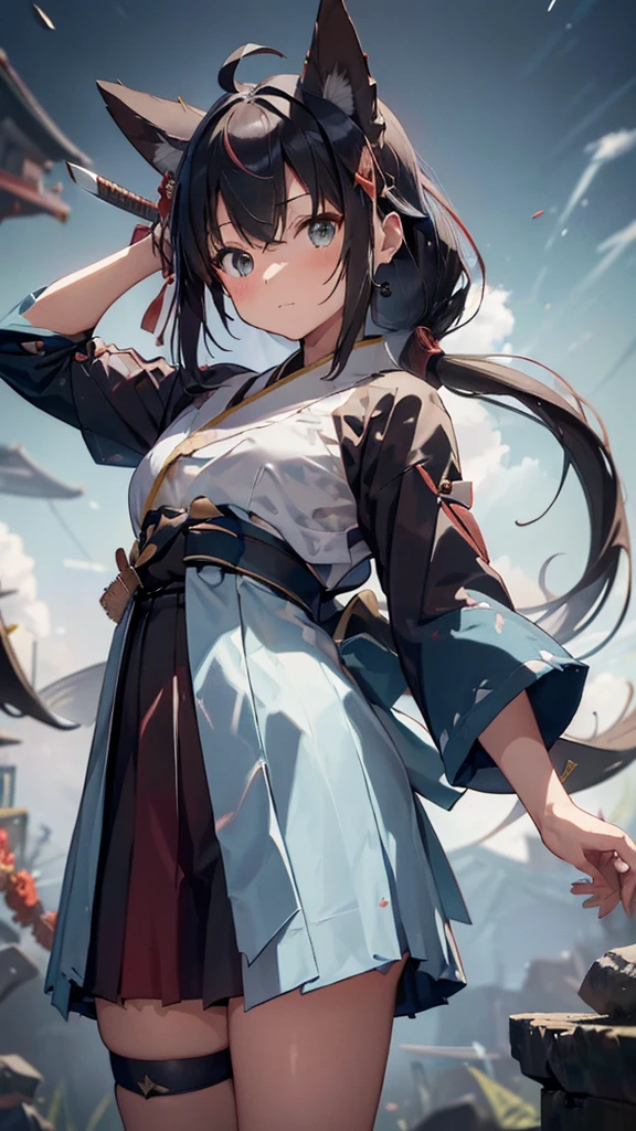 super high quality, Ultra-high resolution, Ultra HD, Vibrant colors, One girl, Japanese swordを携えた女の子, Japanese sword, Japanese swordを持った女の子, Iai stance, Draw your sword術, Has a blue aura around him, A sharp expression, Decent face, Cool girl, Cool pose, Shirakami Fubuki, Full body portrait, Draw your sword術, Draw your sword, kimono