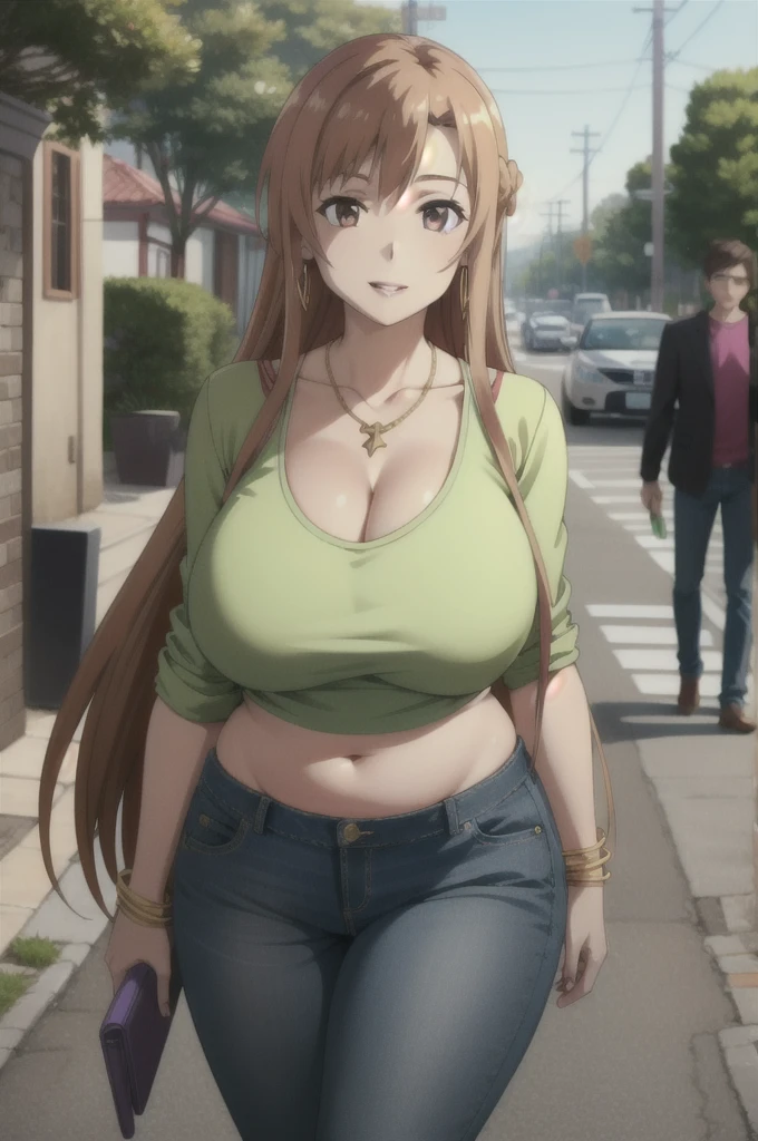 Thick legs, mature female, mature, adult, 1girl, long hair, asuna (sao), brown hair, brown eyes, solo, smile, looking at viewer, very long hair,Implanted Big breast,unnatural big breast,Plump,Big hip,thin tight green shirt Show bodyline,big cleavage,Curvy,(Thick purple lips),(Glossy purple Lips),(Bimbo lips),(purple colored eyelid),Walking in the street,Swaying hips,Golden bracelet,Gold chained necklace,Hoopa earring,Golden ring,Latin women,(Half open eyes),Unnatural body proposion,purple long nail,Bimbo,Slut,Unnatural thick lips,Brown skin,Lowrise Tight jeans,Plump belly,Navel shown,Brown skinned,Native latin face,Half eyes open,Thick arm