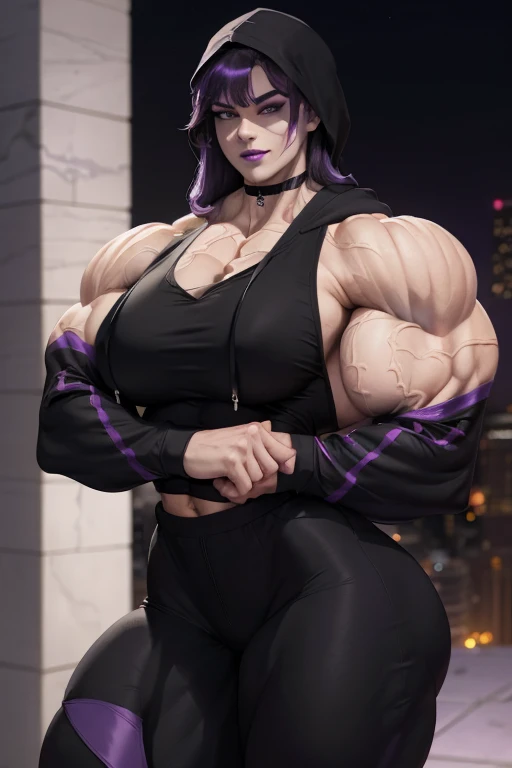 ((Close-up)), tall, (violet purple hair) beautiful muscular woman, long hair with long bangs, pale white skinned, closed smile, (black lipstick), (massive muscles), (hyper muscle), ((ginormous bulky muscles)), black eyes, ((violet long sleeve hoodie, hood down)), (exercise pants), choker, sneakers, in Chicago at night, (crossed arms)