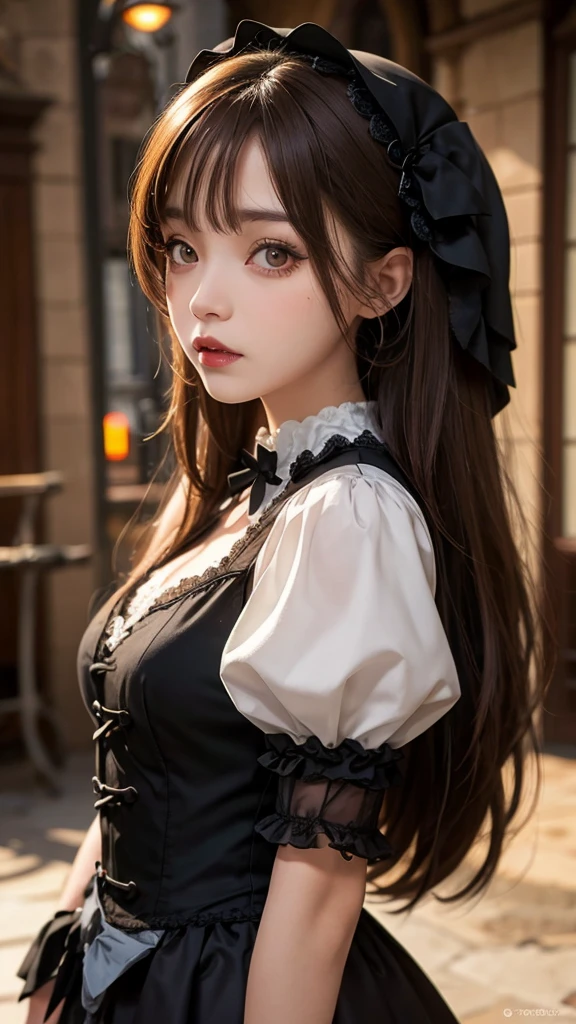 1woman, long hair, brown hair, brown eyes, gothic ta, 