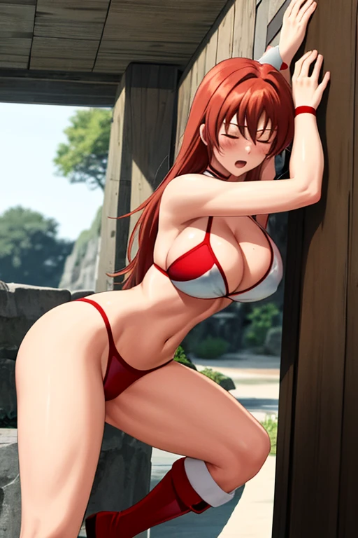 masterpiece, best quality, beautiful art, high resolution, well formed hands, body and fingers, 1 woman, solo, Rias Gremory, full body picture, grown up, adult, large and rounded breasted, cleavage, hair ornament, wearing a Tyris Flare outfit ,  white_bikini, full body, sexy and skimpy  bikini, gorgeous  hips, legs and thighs bouncing breasts, red boots, ryona , in peril, she is being beaten up by her opponent, she is knocked down and she is slapped in the face , she is pushed against the wall,  being humiliated by her opponent, receiving the impact of her opponent's attacks, closed eyes, screaming in pain and agony, heroine in peril, ryona and perilous scene, bouncing breasts, weak and helpless, martial arts tournament on the beach            