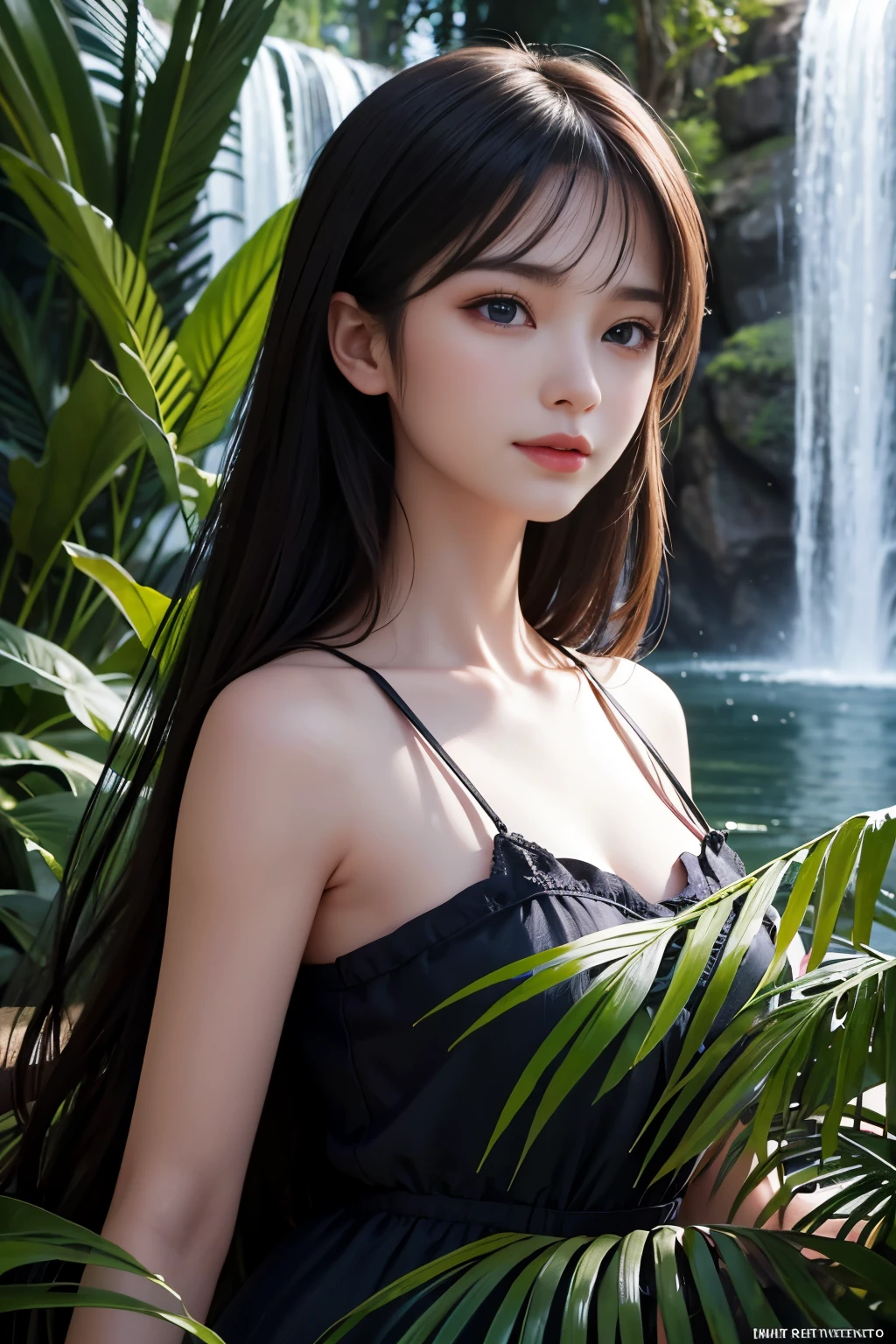 (ultra realistic) , (illustration), (increase resolution), (8K), (extremely detailed), (best illustration), (beautiful detailed eyes), (best quality), (ultra-detailed), (masterpiece), (wallpaper), (detailed face), 1 girl, black straight hair, slender body, delicate details, in the dark, deep shadow, low key, pureerosfaceace_v1, happy smile, summer dress, waterfall, rainforest