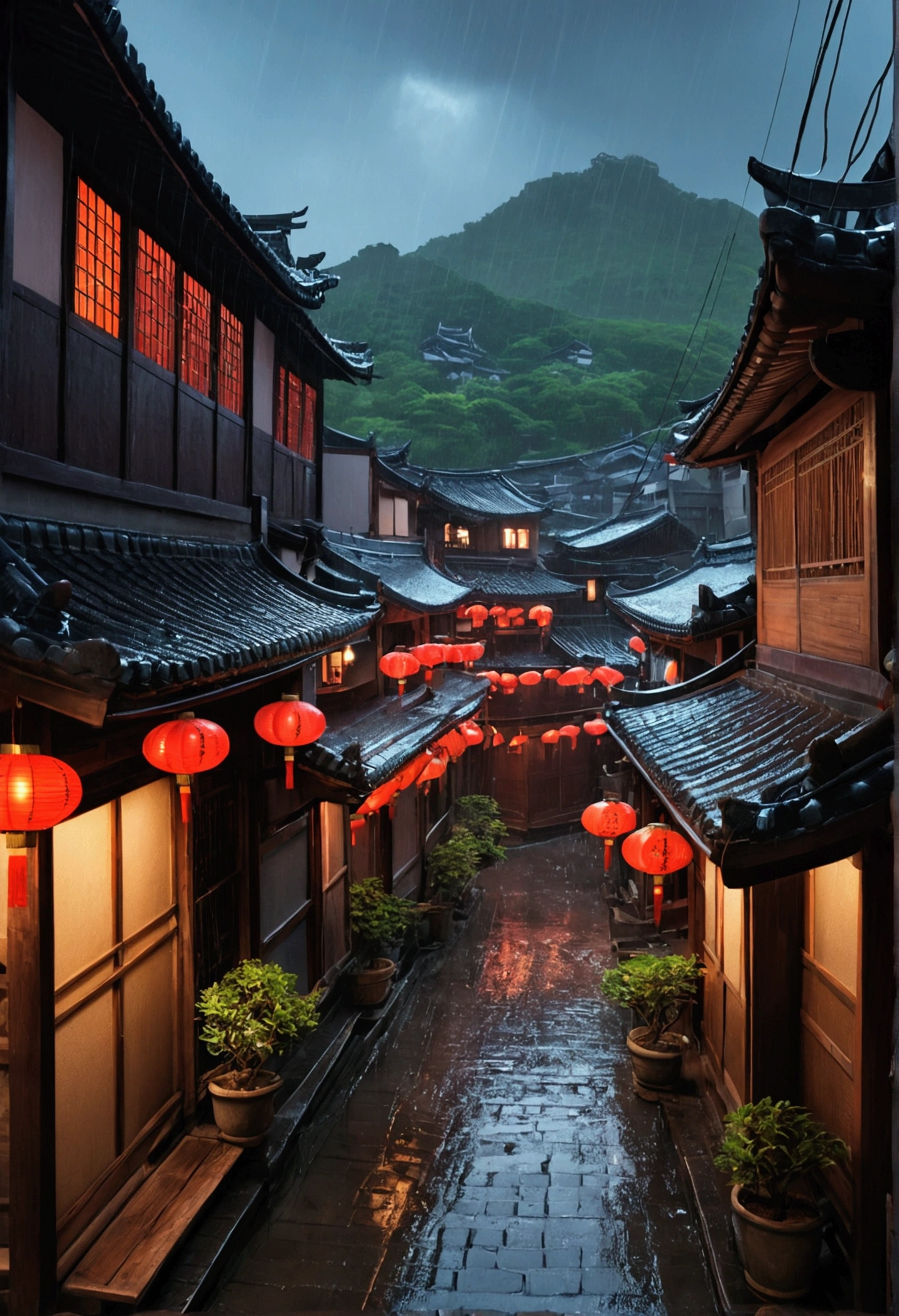 arafed view of a village with a lot of lights on the buildings, dreamy chinese town, chinese village, amazing wallpaper, japanese town, japanese village, hyper realistic photo of a town, old asian village, japanese city, by Raymond Han, rainy evening, cyberpunk chinese ancient castle, beautifully lit buildings, at evening during rain, beautiful and aesthetic, photography, cinematic, 8k, high detailed ((Heavy rain)))
