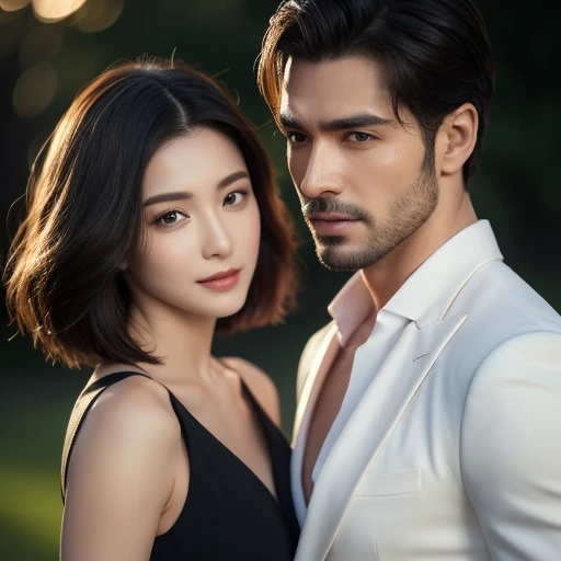 ((Best quality, 8k, Masterpiece :1.3)), Two individuals, sexy woman with emphasis on hourglass figure: 1.3, hot man with six-pack abs: 1.2, (short hair for woman: 1.2, long haired man: 1.2), sultry eyes: 1.4, alluring gazes towards each other: 1.5, ultra-realistic facial and skin textures: 1.1, Detailed eyes, sharp jawlines, inviting smiles, summer evening scene.
Two stunningly attractive individuals, a sexy woman and a hot man. The woman, with her hourglass figure and shimmering short hair,
