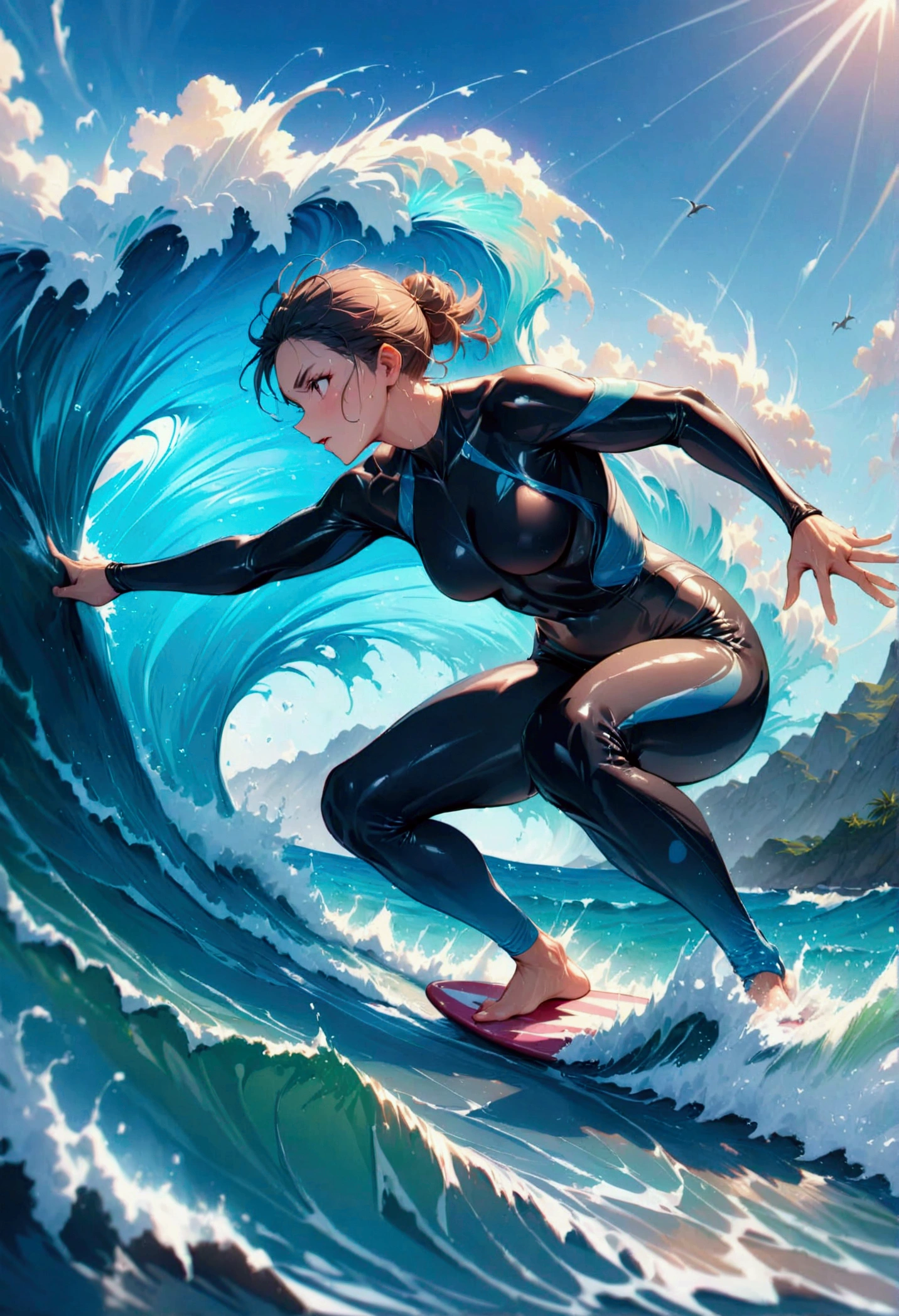 (surfer), surfing, best quality, (masterpiece:1.2), high quality, Highres, (hyper detailed),