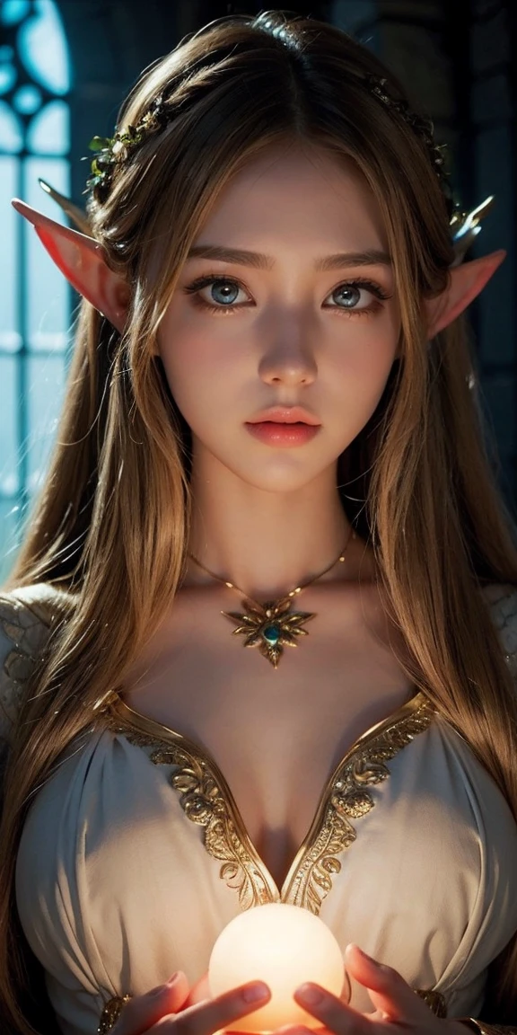 beautiful, charming, natural girl, makeup, beautiful girl, elven enchantress, glowing orbs in the background