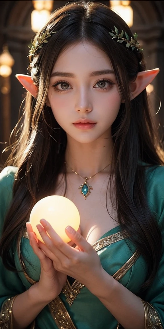 beautiful, charming, natural girl, makeup, beautiful girl, elven enchantress, glowing orbs in the background