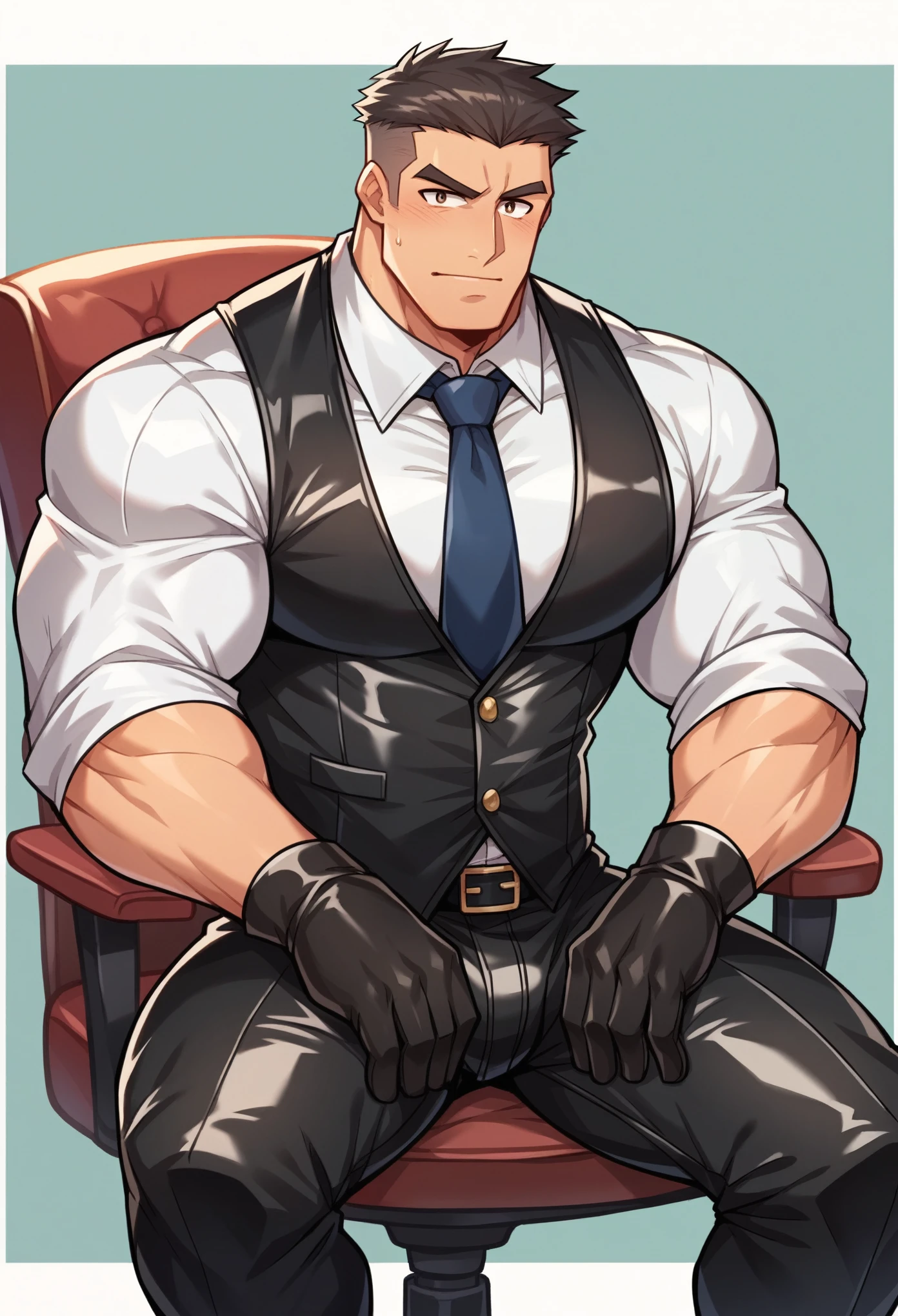 30 years old, Young dad, very Handsome, wear "very shiny suit", wear white shirt, Very shiny pants, tie, Vest, Shiny satin trousers, wear leather belts, Dark gray satin ,Dad leans on the chair,Open your legs, HD,in office,"Big muscles", "Dad is so big" , male hairstyle, Asian Face, male, Strong man, The boss is, Handsome, leather gloves, dad, Direct vision,Dad is Handsome,Dad is Handsome, Dad is "Big horny daddy"