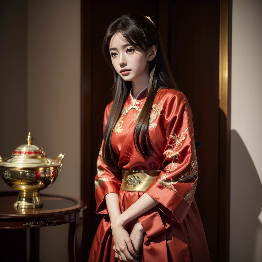 ((Highest quality)), ((masterpiece)), (detailed), (Perfect Face)、The woman is Ogiso Setsuna, with light brown, medium-long hair and a gorgeous red Chinese dress with gold embroidery and trim.