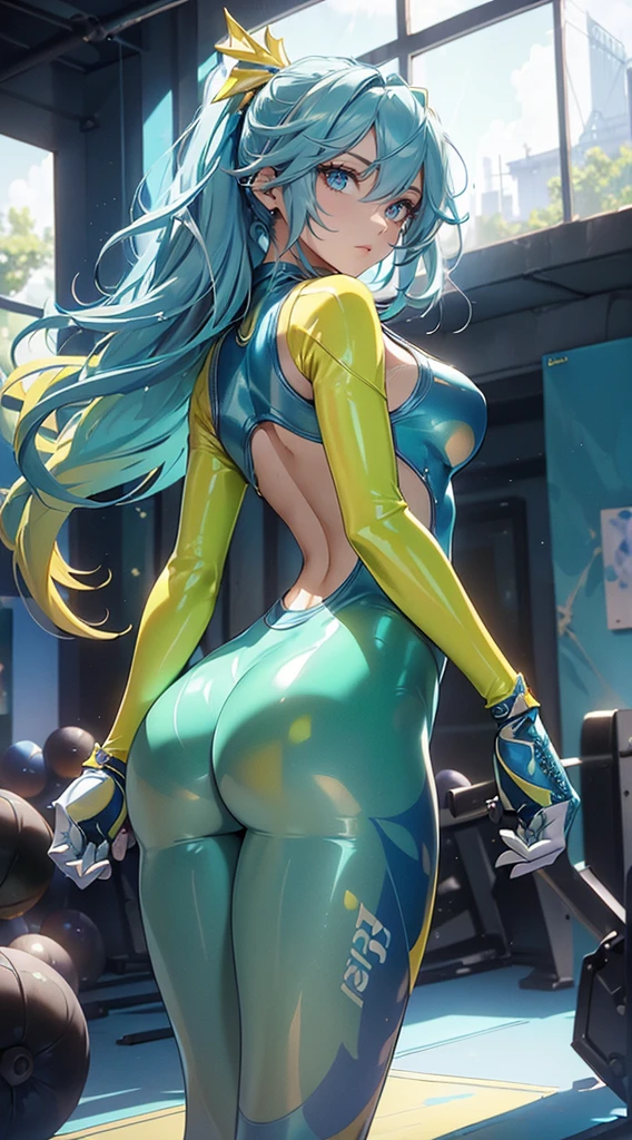 rear view, backside view, Best Quality, masterpiece, ultimate resolution, Suave, extremely colorful, Color, Mermaid princess, (lemon green latex bodysuit:1.4), Black stockings, Starrysky Android!, More detailed 8K, (unreal engine:1.4), UHD, (Best Quality:1.4), (photorealistic:1.4), (skin texture:1.4), (masterpiece:1.8), first work, Best Quality, object object], (detailed face features:1.3), (inside a blue gym:1.4), (long yellow hair:1.4), (Beautiful and detailed eye description), (detailed hands:1.4), (white sportswear:1.4), Ultra-detailed, detailed eyes,