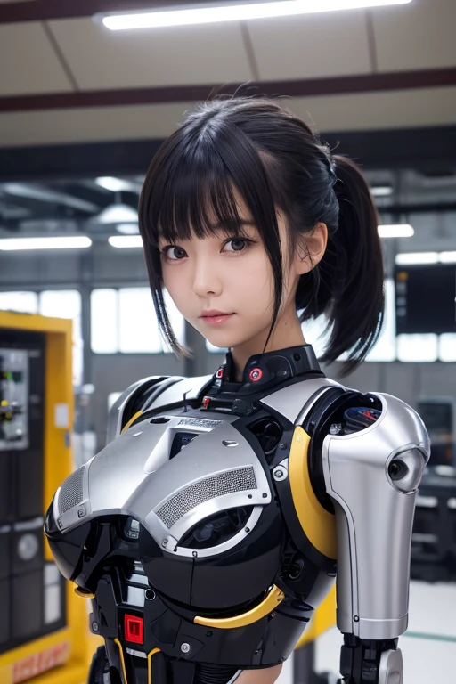 masterpiece, best quality, extremely detailed, Japaese android girl,portrait,Plump,a bit chubby,control panels,android,Droid,Mechanical Hand, Robot arms and legs, Black hair,Blunt bangs,perfect robot girl,long tube,thick cable connected her neck,android,robot,humanoid,cyborg,japanese cyborg girl ,robot-assembly plant,She is assembling now,assembly scene,camera eyes,chest monitor