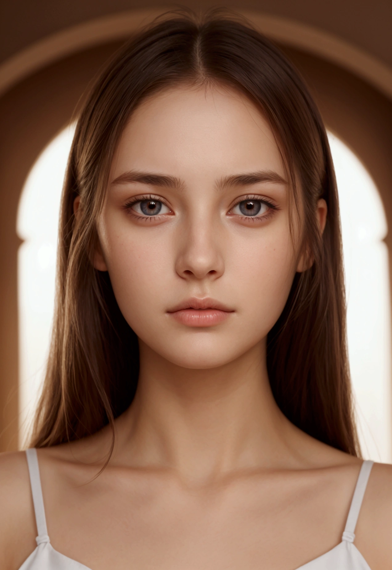 young woman, sad eyes, European facial features